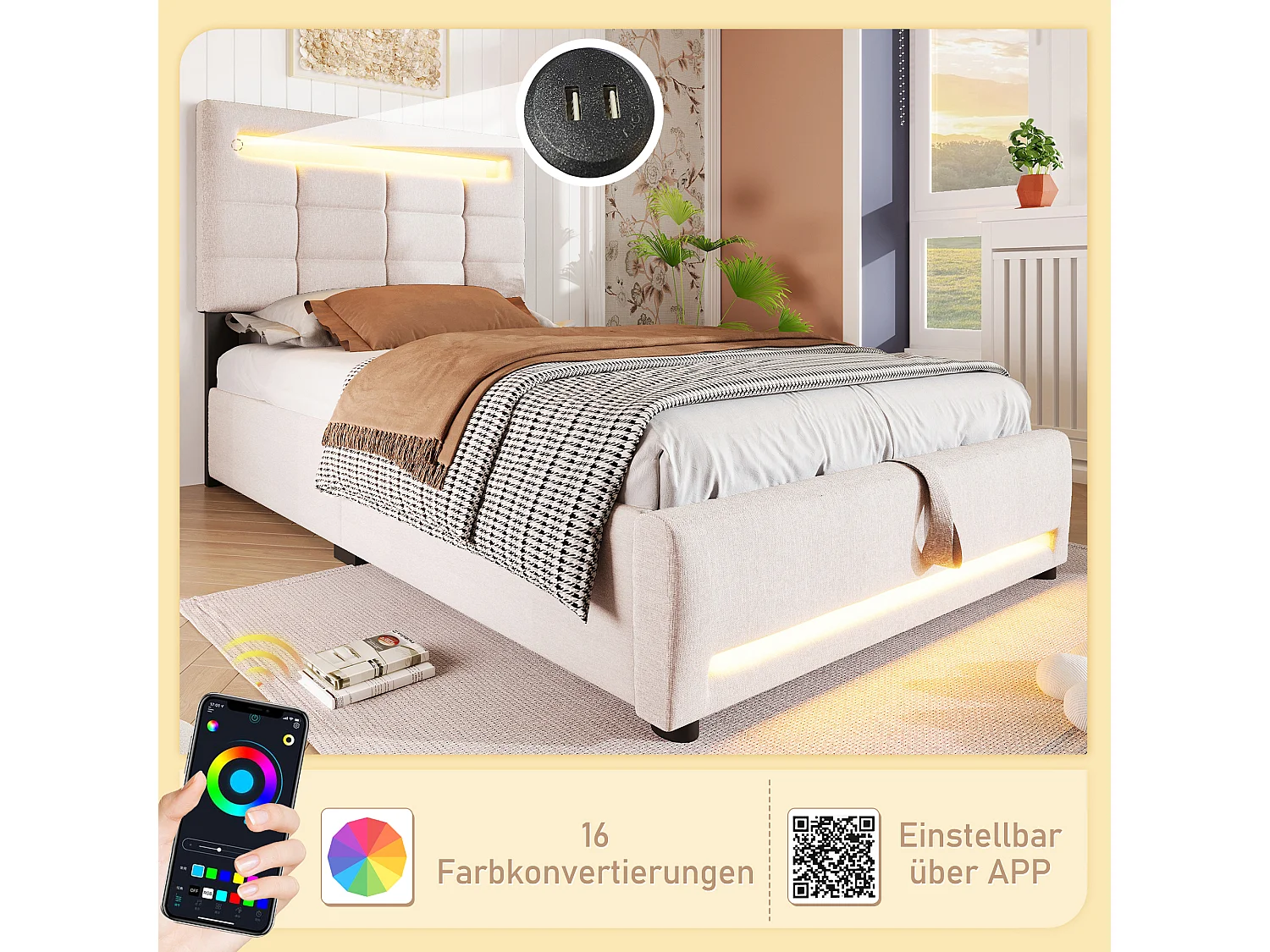 Lit coffre rembourré - 90 x 200 cm - télécommande APP + Leds + port USB - tissu lin - beige