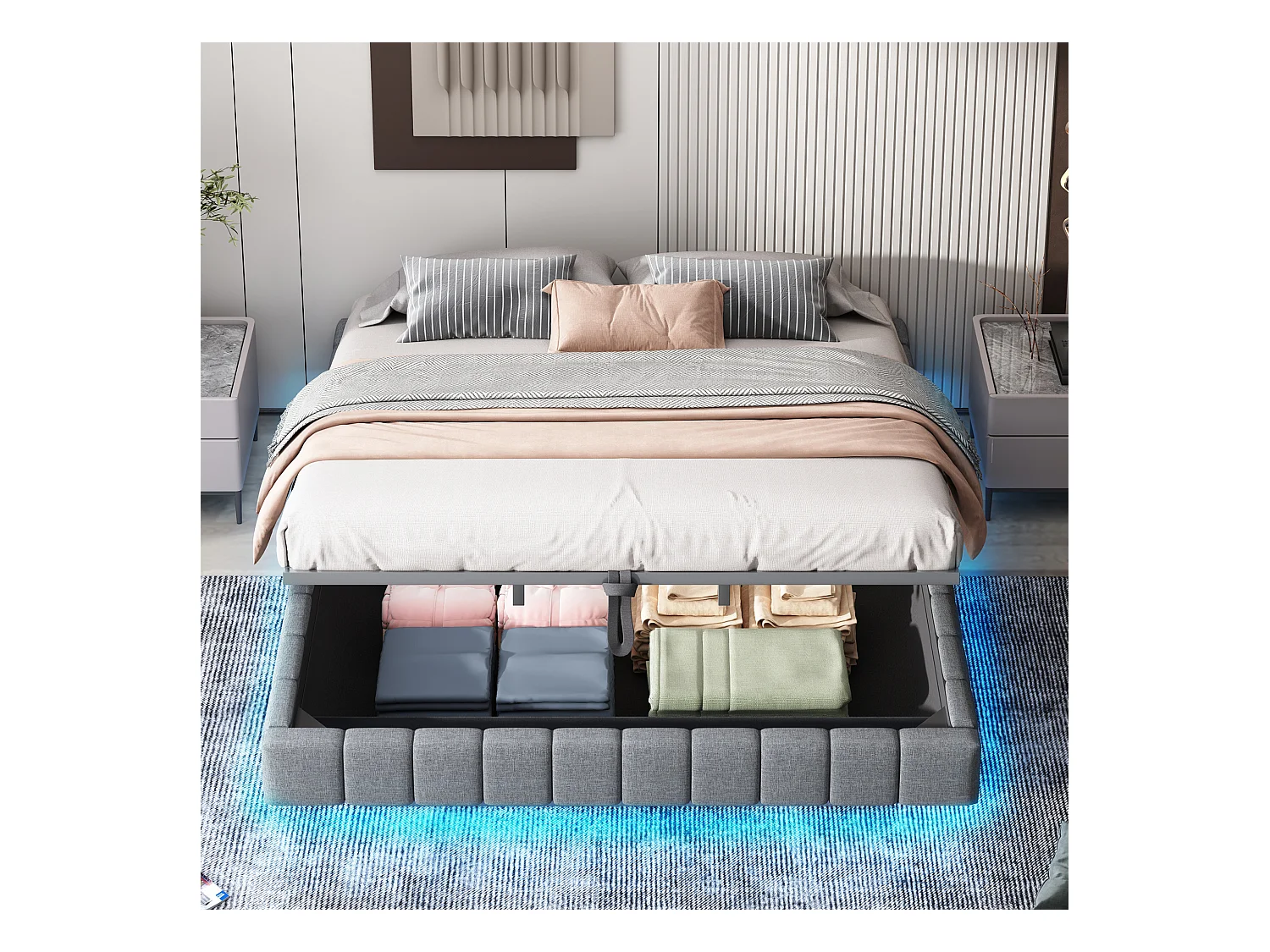 Łóżko tapicerowane dwuosobowe ze schowkiem - 180 x 200 cm - bez wezgłowia + diody LED - Tkanina lniana - Szare