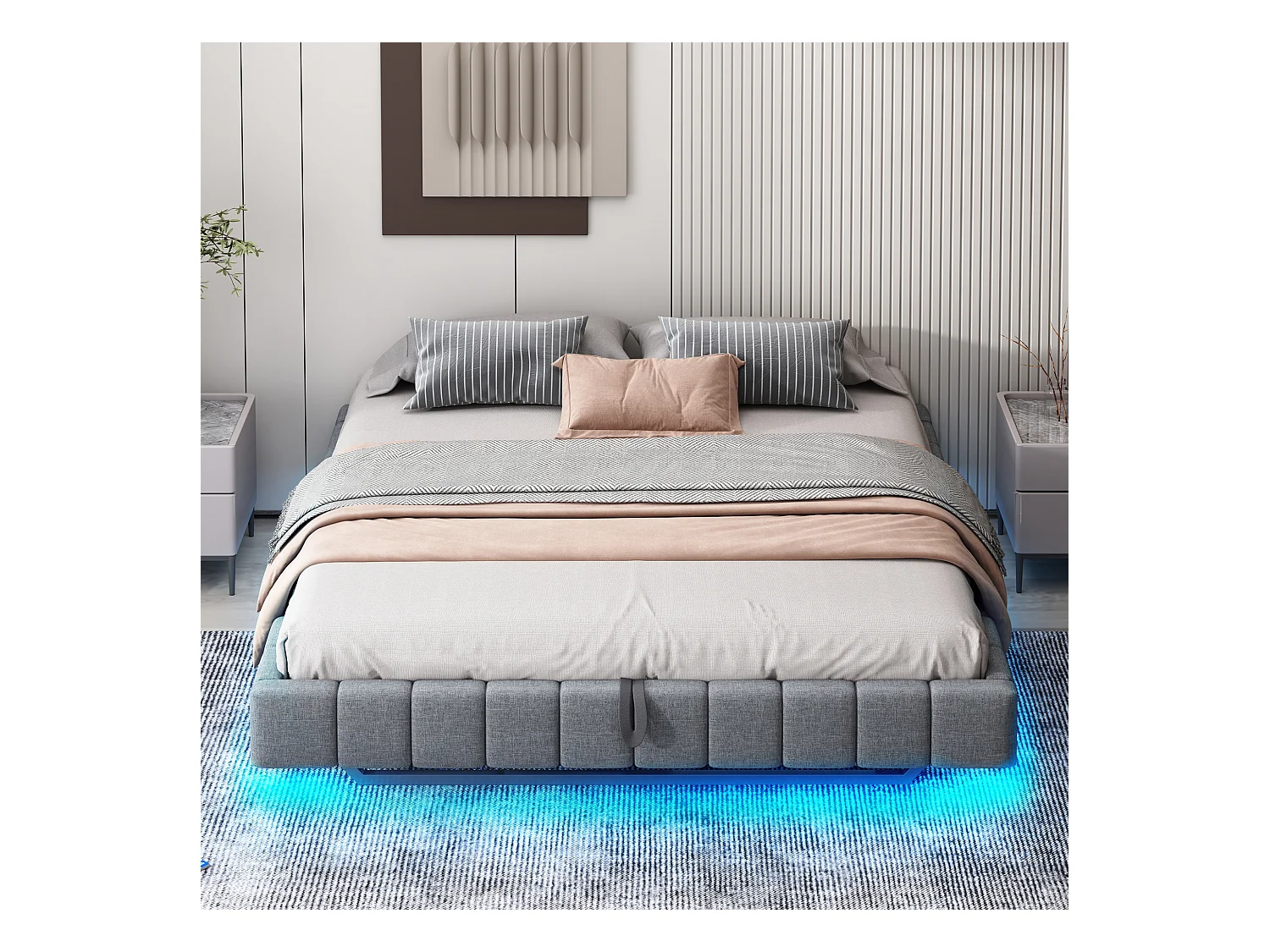 Łóżko tapicerowane dwuosobowe ze schowkiem - 180 x 200 cm - bez wezgłowia + diody LED - Tkanina lniana - Szare