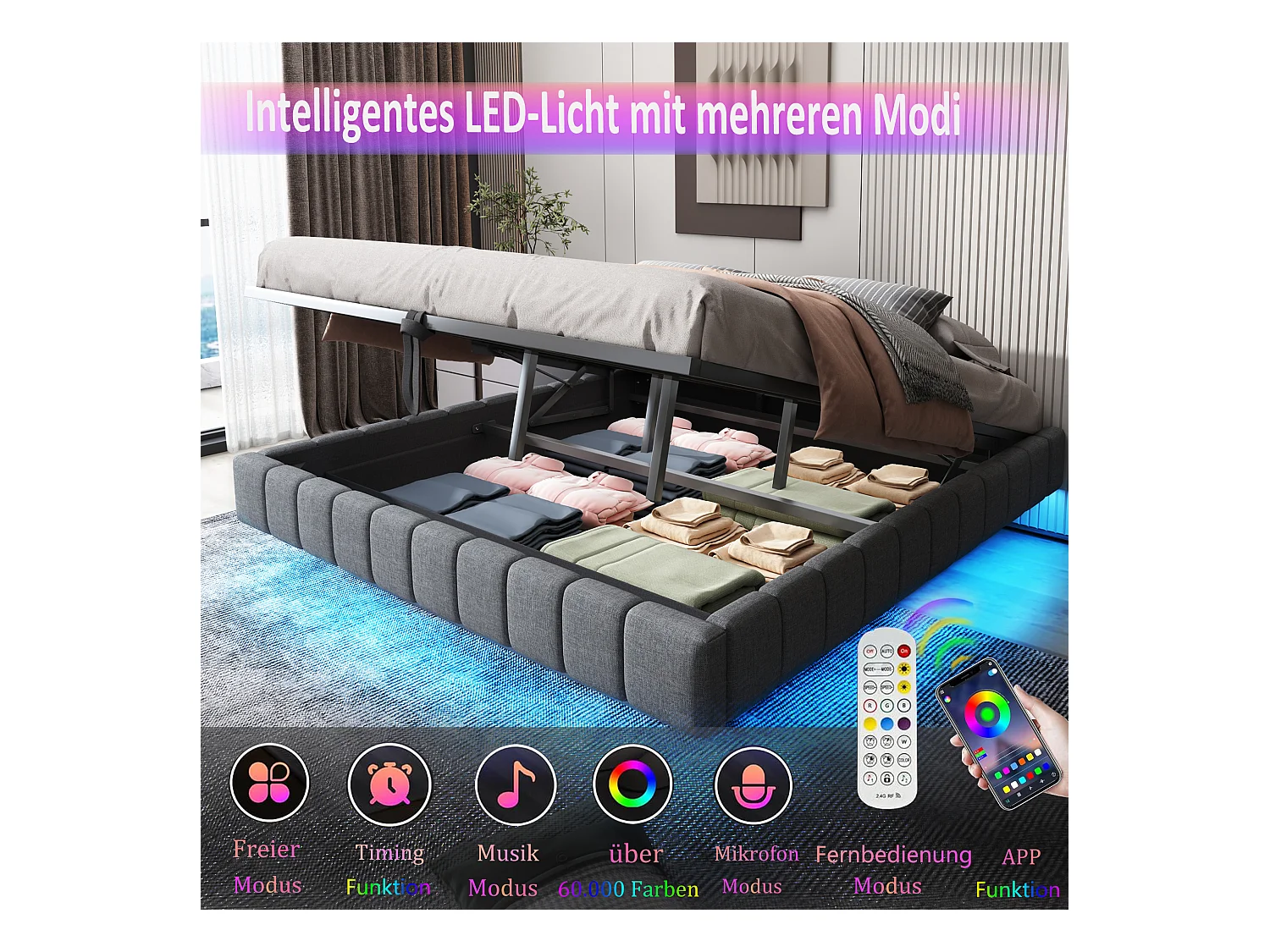 Łóżko tapicerowane dwuosobowe ze schowkiem - 180 x 200 cm - bez wezgłowia + diody LED - Tkanina lniana - Szare