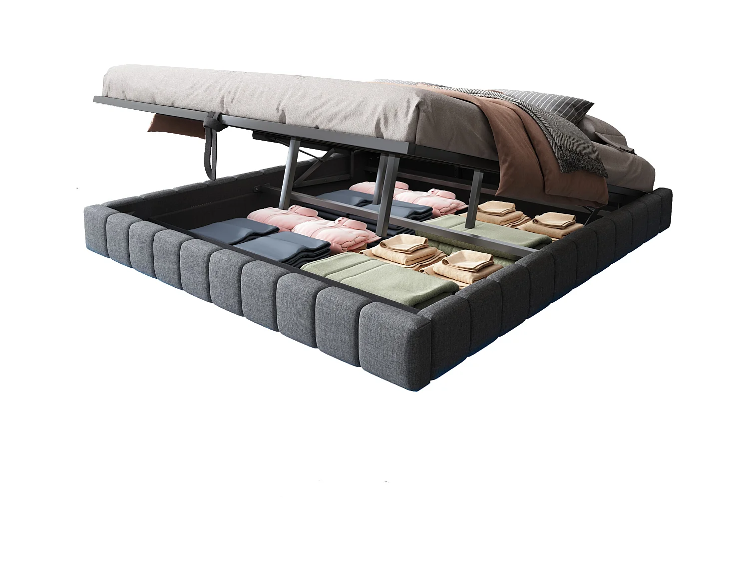 Łóżko tapicerowane dwuosobowe ze schowkiem - 180 x 200 cm - bez wezgłowia + diody LED - Tkanina lniana - Szare