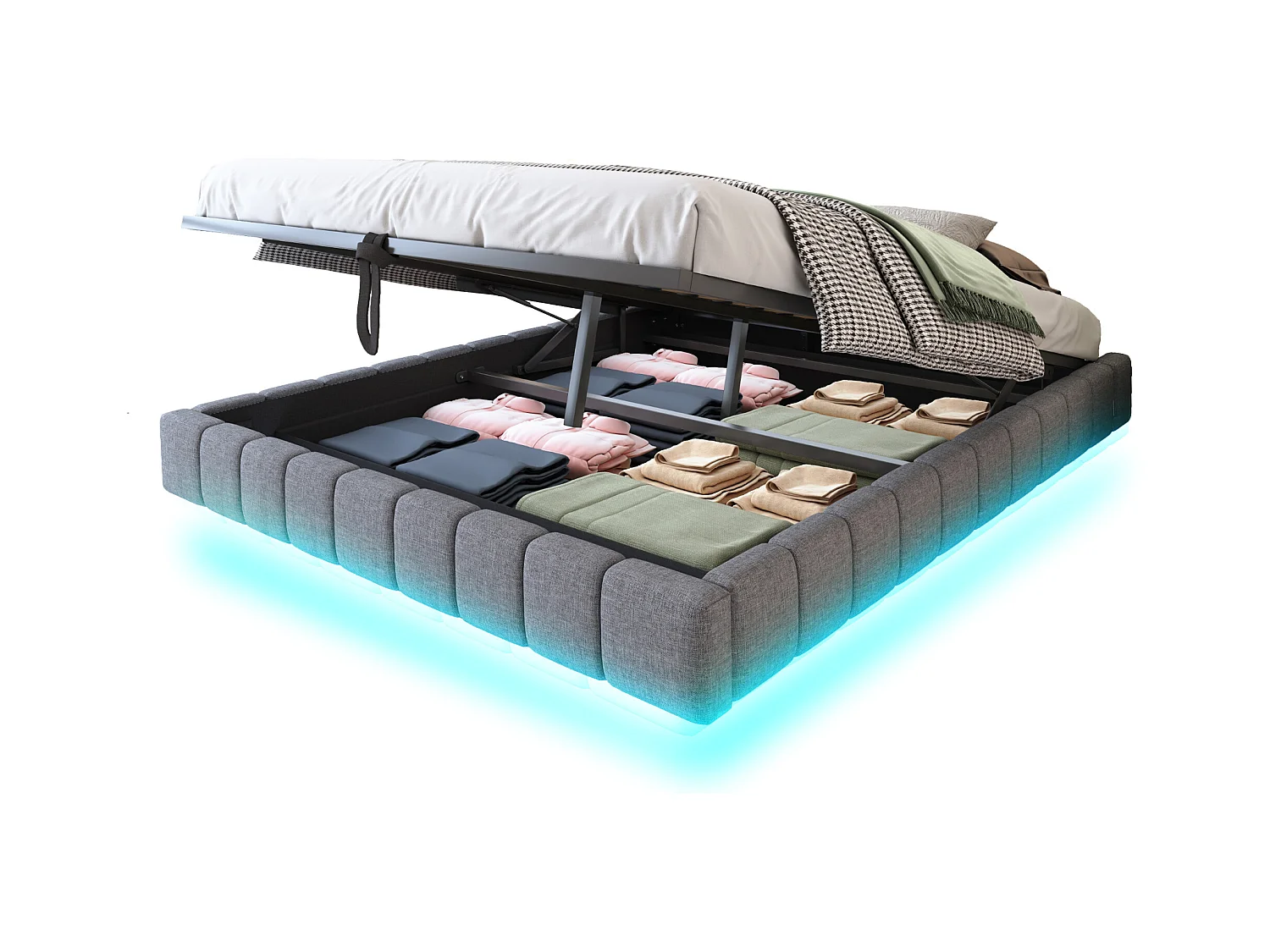 Łóżko tapicerowane dwuosobowe ze schowkiem - 180 x 200 cm - bez wezgłowia + diody LED - Tkanina lniana - Szare