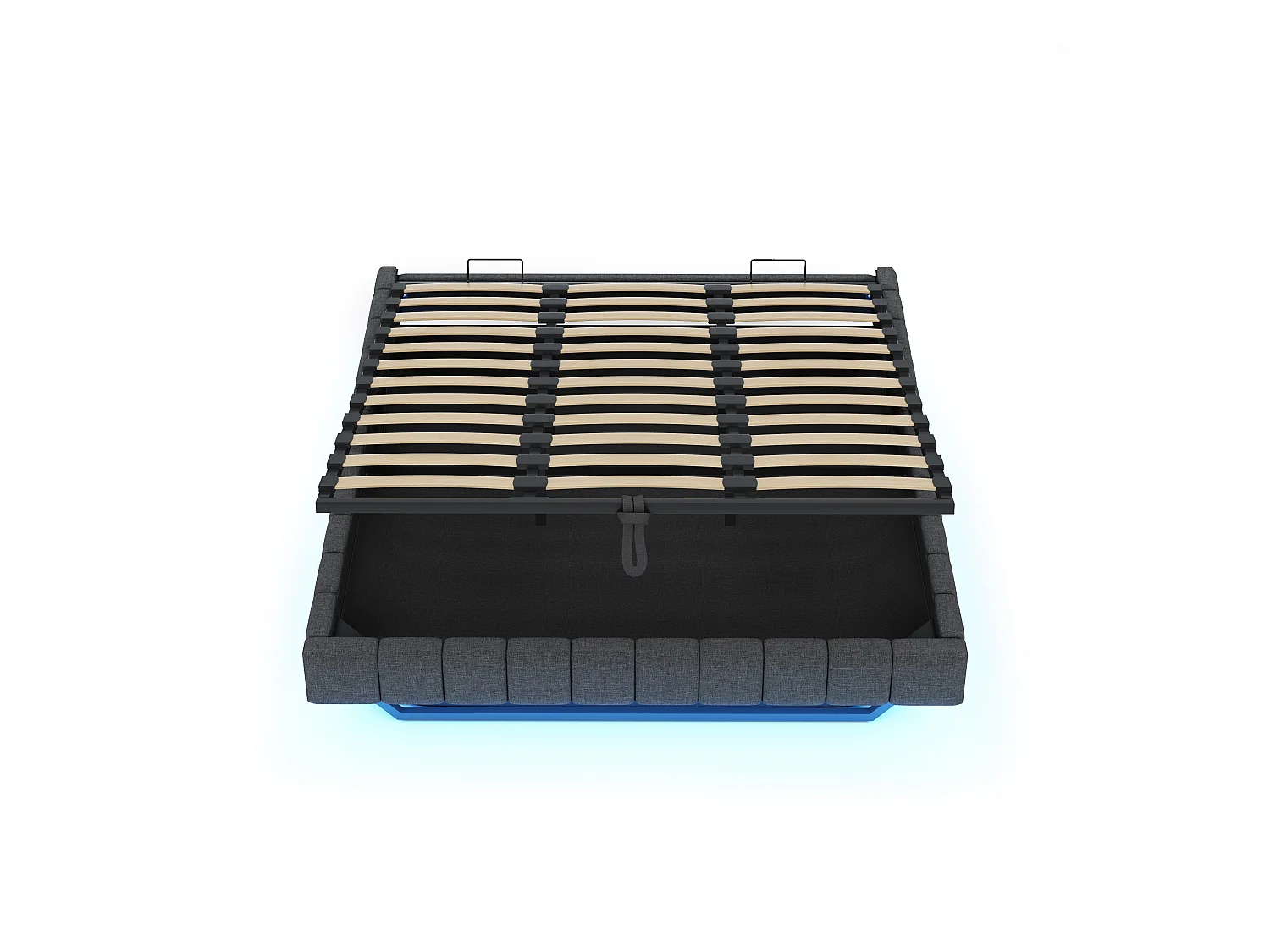 Łóżko tapicerowane dwuosobowe ze schowkiem - 180 x 200 cm - bez wezgłowia + diody LED - Tkanina lniana - Szare