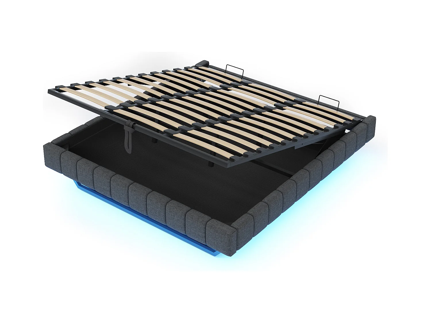 Łóżko tapicerowane dwuosobowe ze schowkiem - 180 x 200 cm - bez wezgłowia + diody LED - Tkanina lniana - Szare