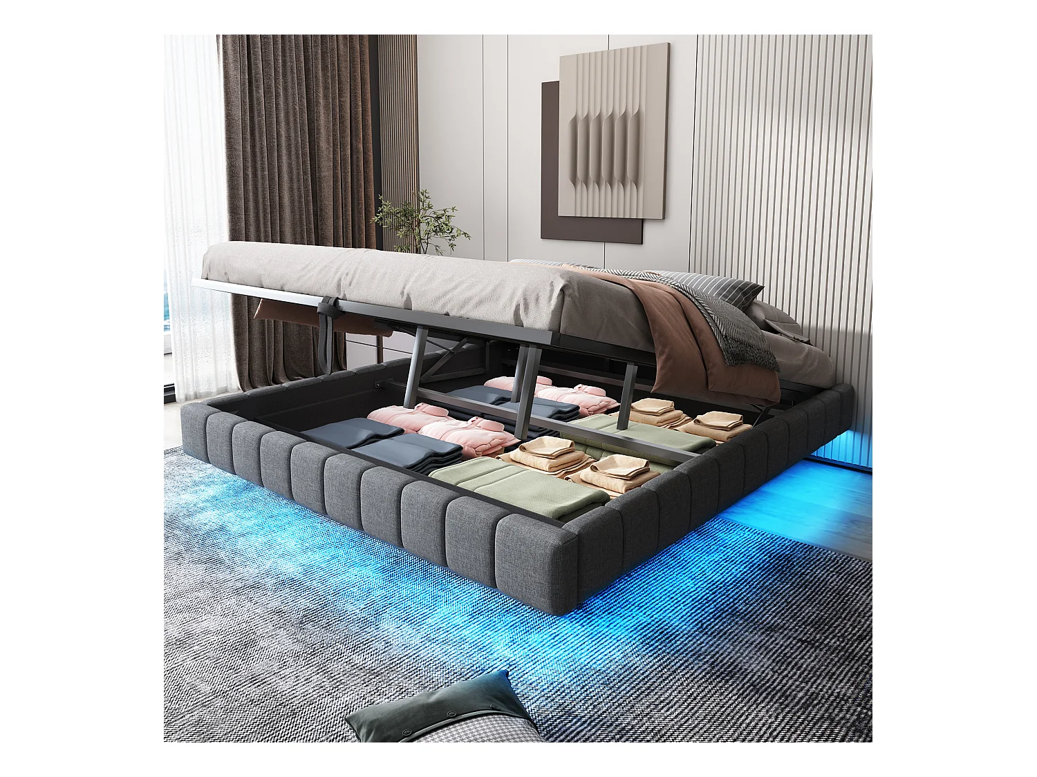 Lit coffre double rembourré - 180 x 200 cm - sans tête de + Leds - Tissu lin - Gris