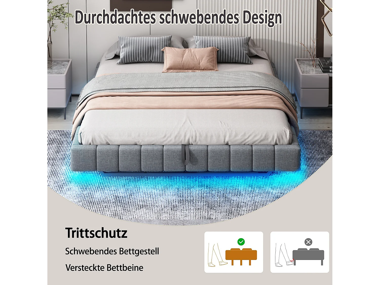 Letto contenitore matrimoniale imbottito - 180 x 200 cm - senza testiera + LED - Tessuto lino - Grigio