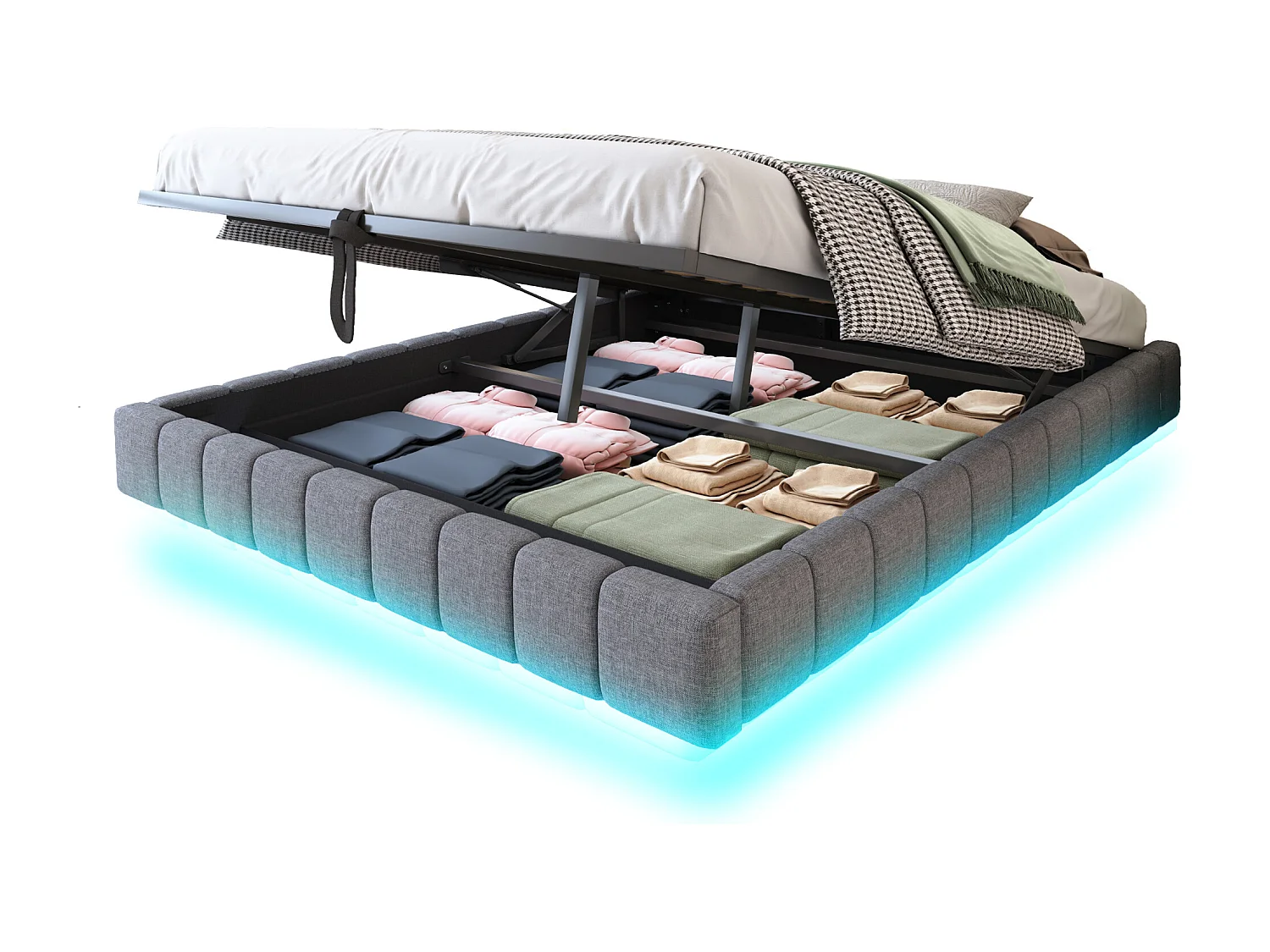 Letto contenitore matrimoniale imbottito - 180 x 200 cm - senza testiera + LED - Tessuto lino - Grigio