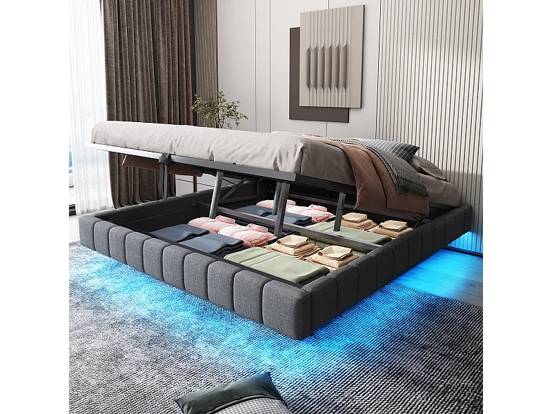 Cama doble con canapé tapizada - 180 x 200 cm - sin cabecero + LED - Tejido de lino - Gris
