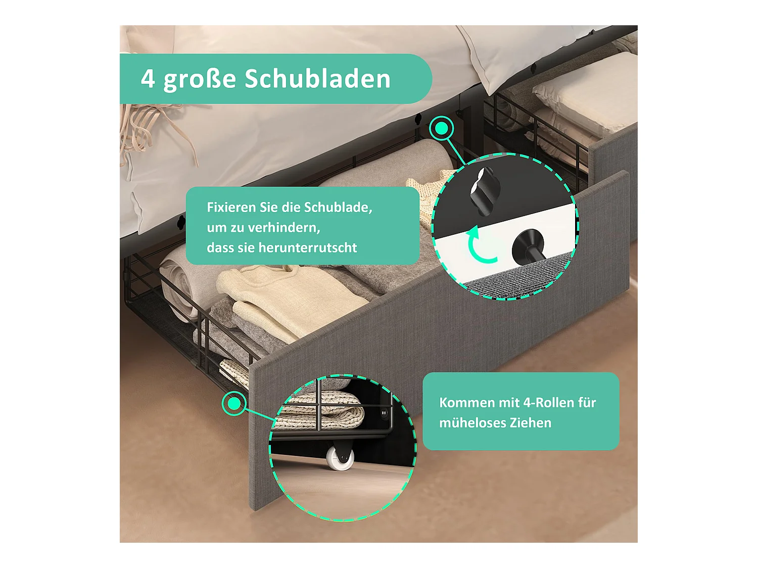 Lit coffre rembourré jeunes - 140 x 200 cm - Matelas + Leds + 4 tiroirs + Tête de lit avec USB - tissu lin - Gris