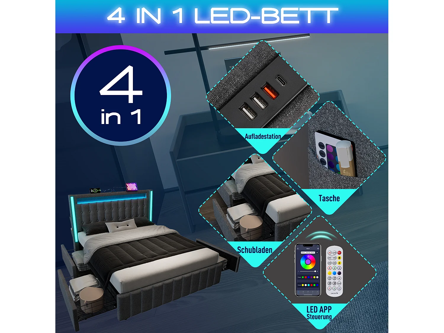 Gepolstertes Stauraumbett für Jugendliche - 140 x 200 cm - Matratze + LEDs + 4 Schubladen + Kopfteil mit USB - Leinenstoff - Grau