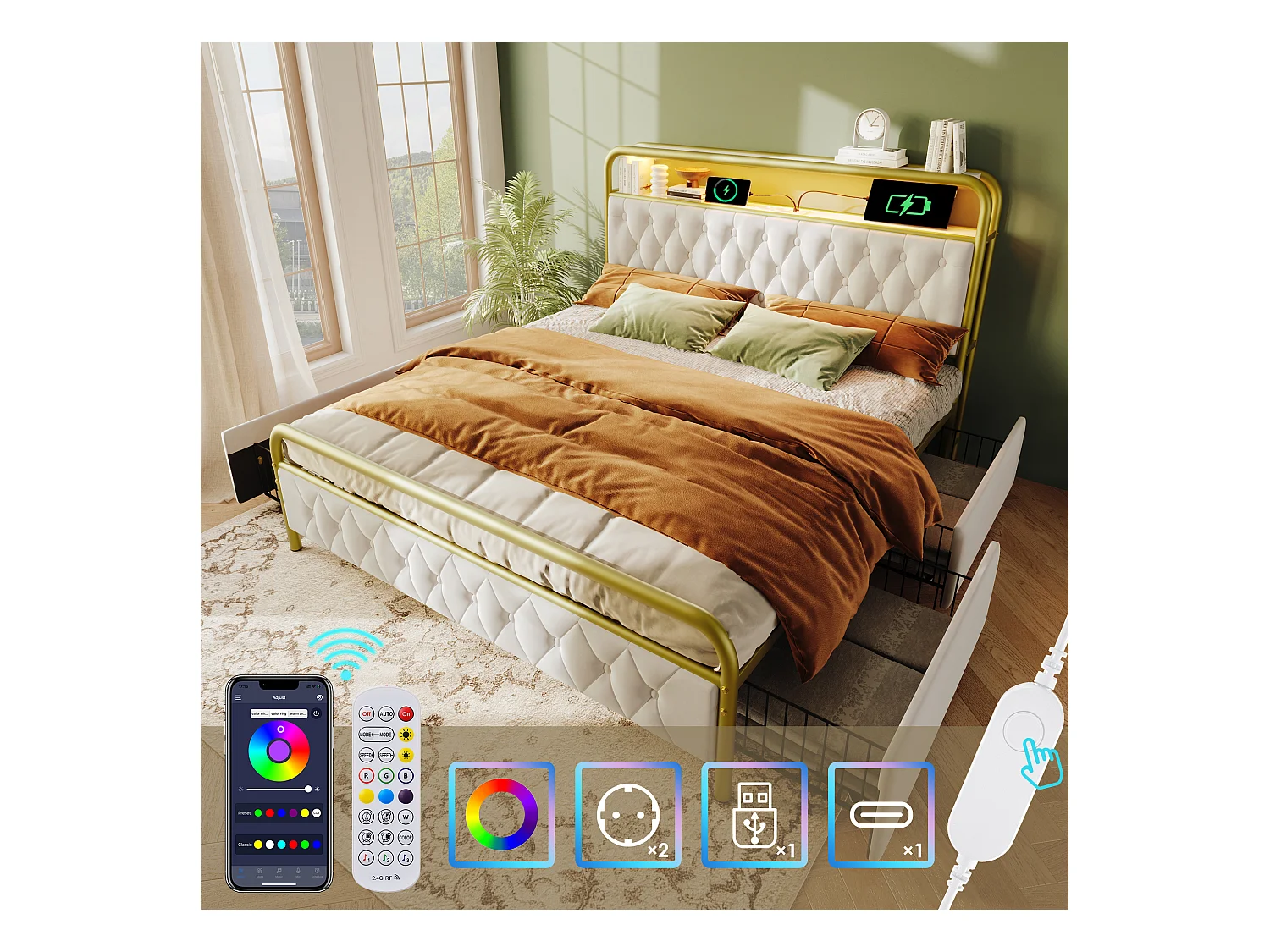 Łóżko tapicerowane z pojemnikiem na pościel - 160 x 200 cm - Materac + LED-y + 4 szuflady + Zagłówek z USB - Aksamit - Biały