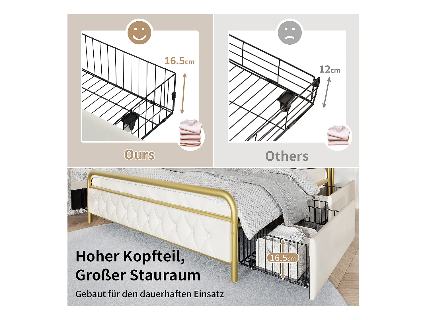 Łóżko tapicerowane z pojemnikiem na pościel - 160 x 200 cm - Materac + LED-y + 4 szuflady + Zagłówek z USB - Aksamit - Biały