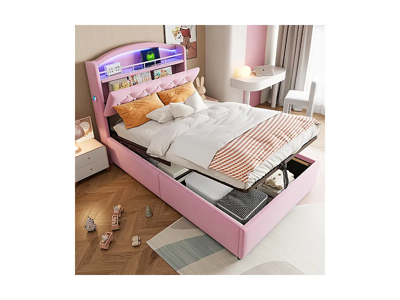 Gepolstertes Kinderbett mit Stauraum - 90 x 200 cm - LEDs + Kopfteil mit USB - Samt - Rosa