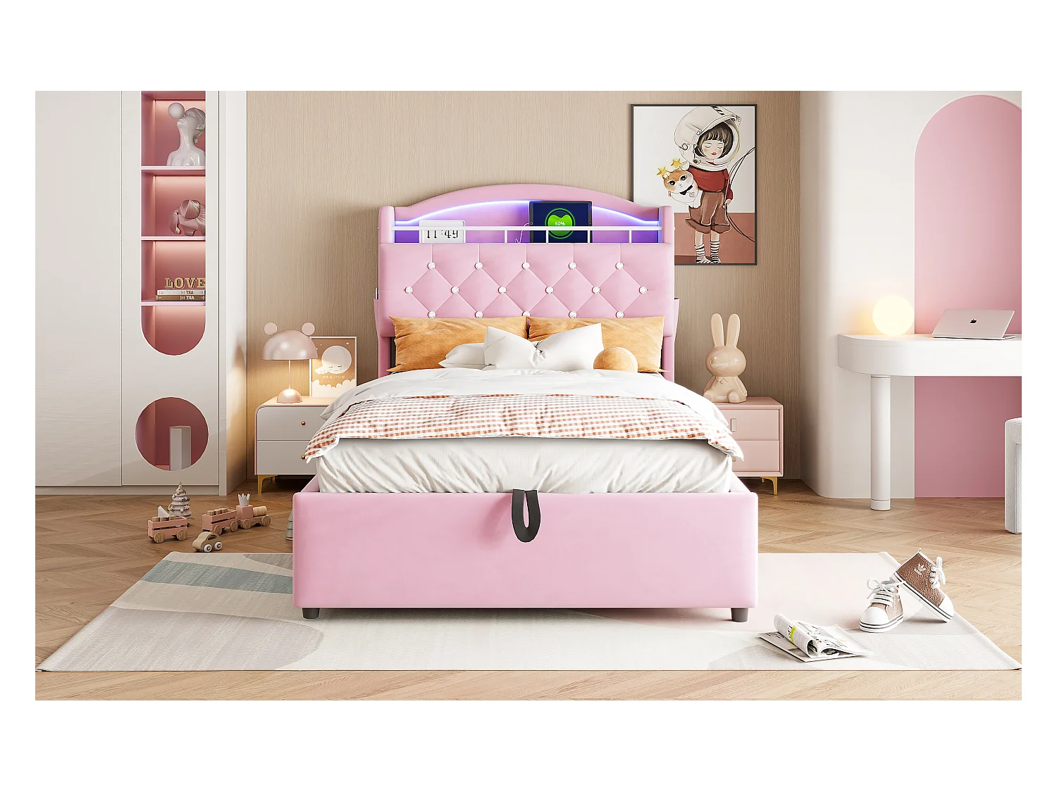 Lit coffre enfant rembourré - 90 x 200 cm - Leds + Tête avec USB - Velours - Rose