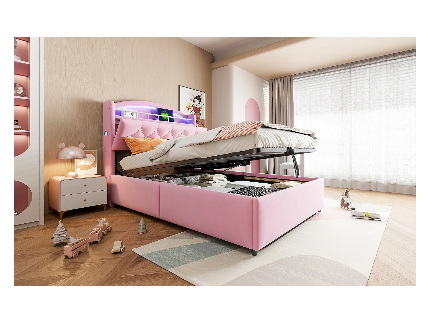 Lit coffre enfant rembourré - 90 x 200 cm - Leds + Tête avec USB - Velours - Rose