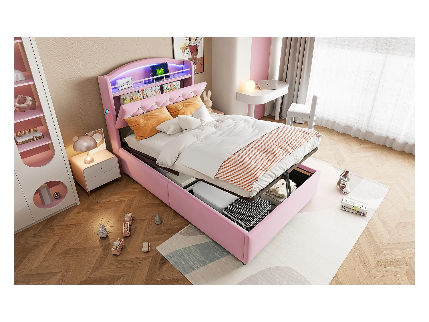 Lit coffre enfant rembourré - 90 x 200 cm - Leds + Tête avec USB - Velours - Rose