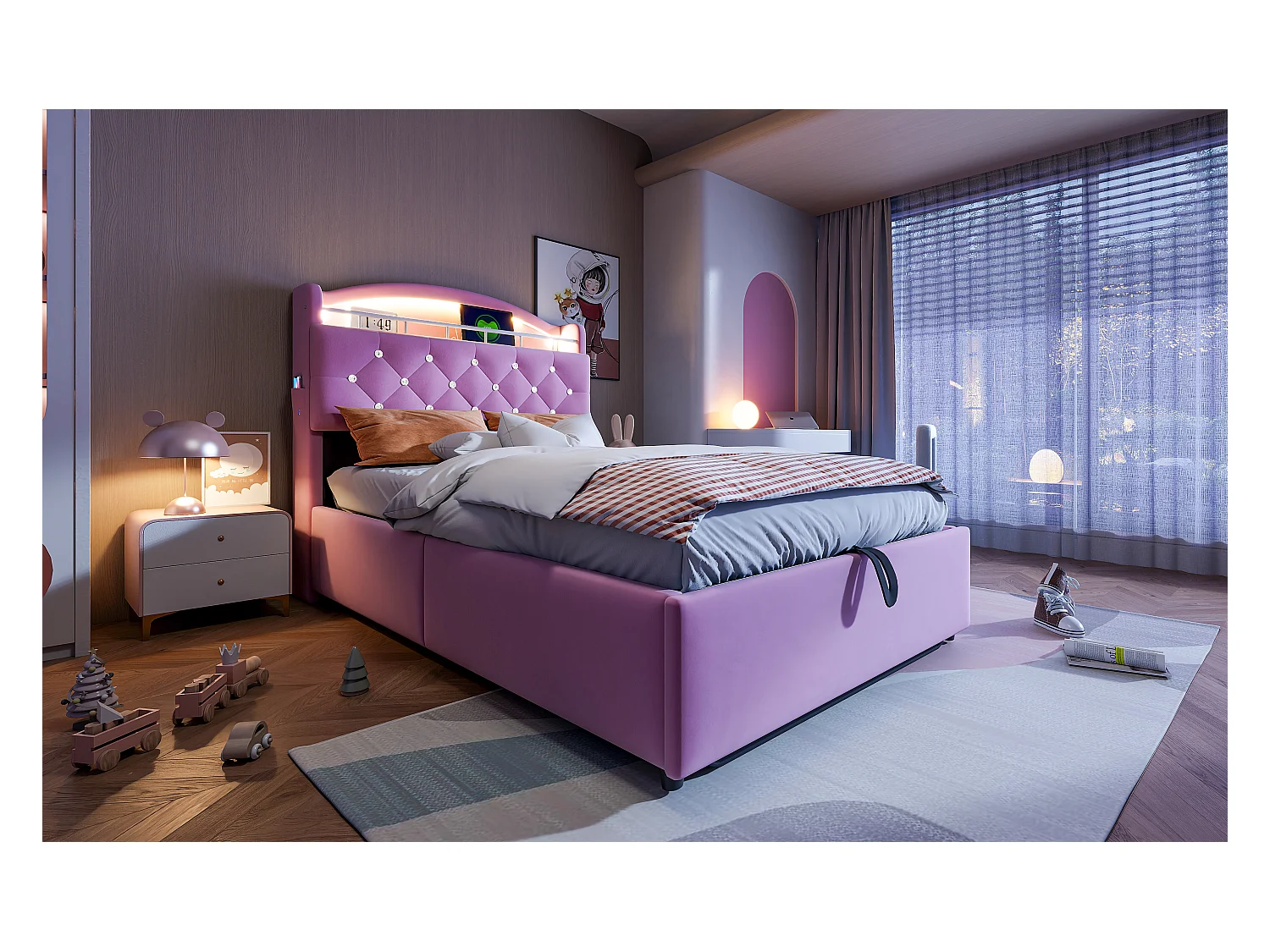 Lit coffre enfant rembourré - 90 x 200 cm - Leds + Tête avec USB - Velours - Rose