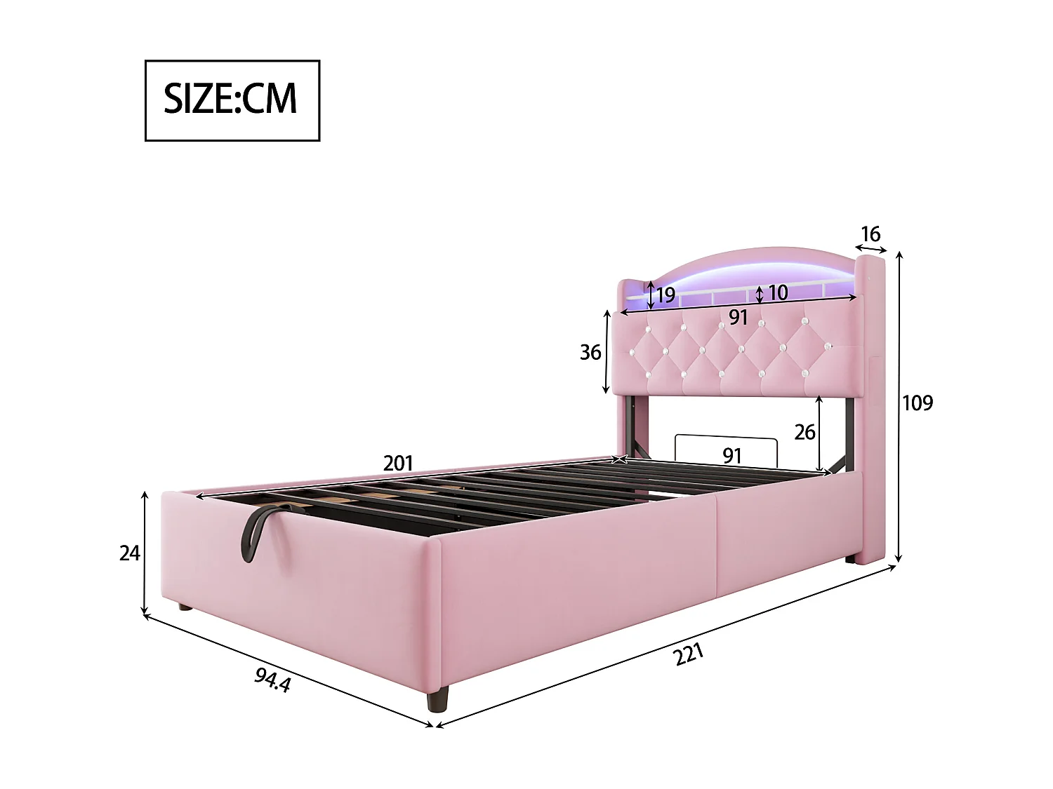 Lit coffre enfant rembourré - 90 x 200 cm - Leds + Tête avec USB - Velours - Rose