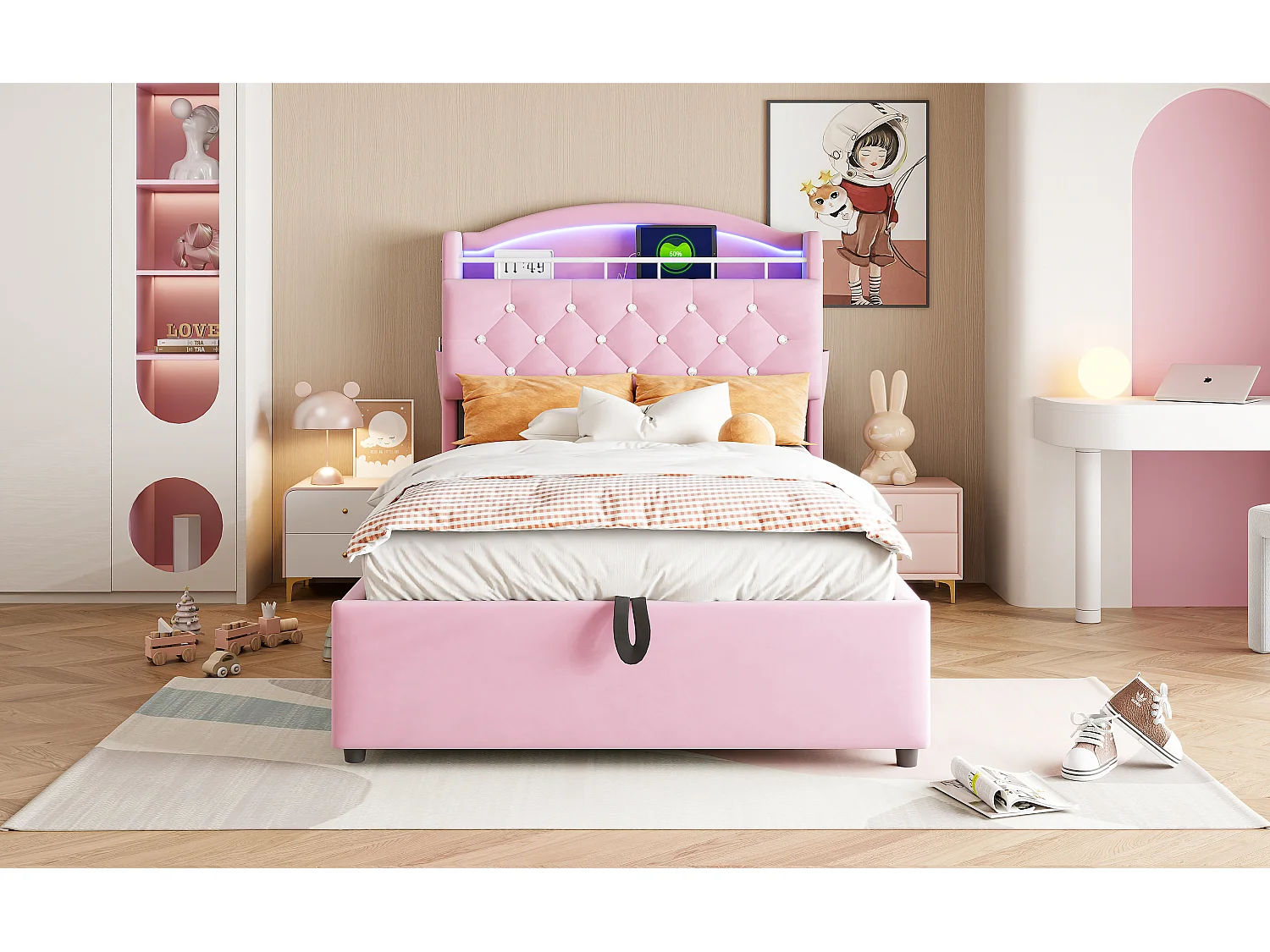 Lit coffre enfant rembourré - 90 x 200 cm - Leds + Tête avec USB - Velours - Rose