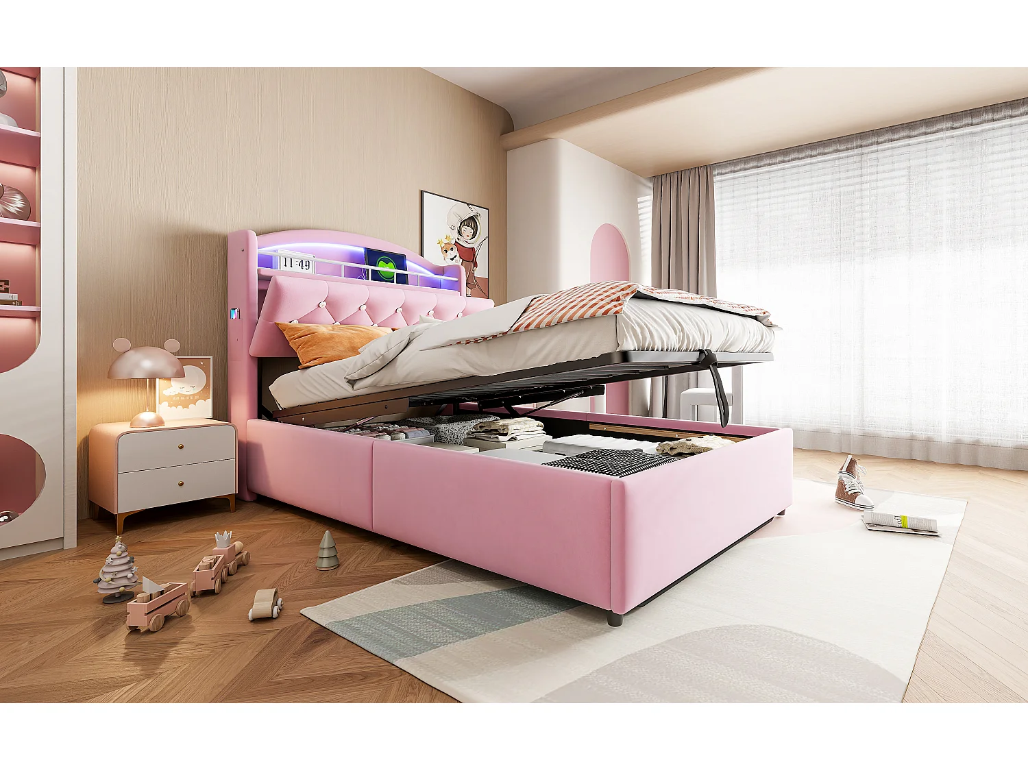 Lit coffre enfant rembourré - 90 x 200 cm - Leds + Tête avec USB - Velours - Rose