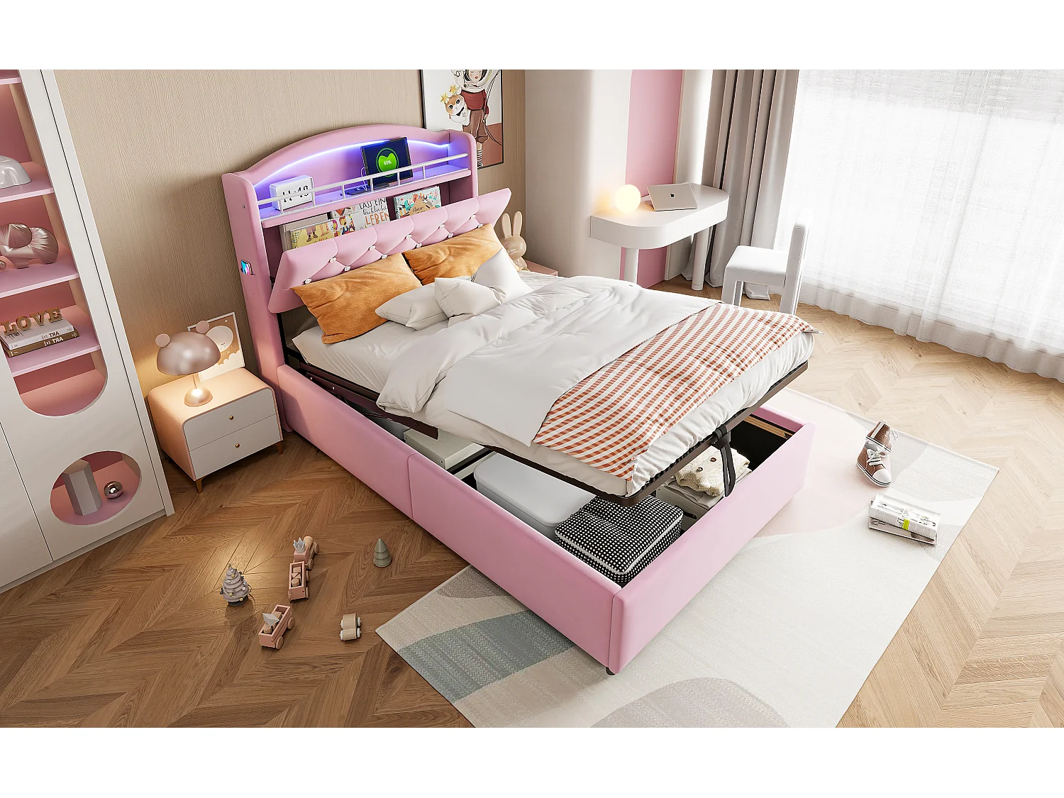 Lit coffre enfant rembourré - 90 x 200 cm - Leds + Tête avec USB - Velours - Rose