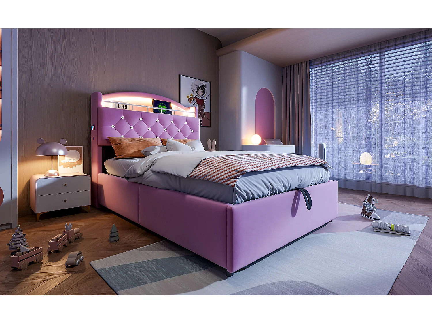 Lit coffre enfant rembourré - 90 x 200 cm - Leds + Tête avec USB - Velours - Rose