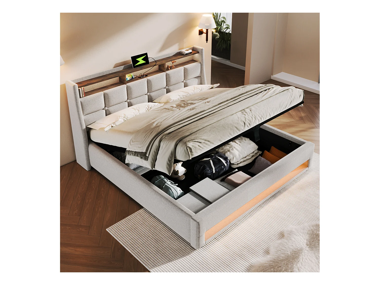 Łóżko tapicerowane z pojemnikiem dla młodzieży - 160 x 200 cm - Materac + LEDy + Zagłówek z USB - Tkanina lniana - Beż