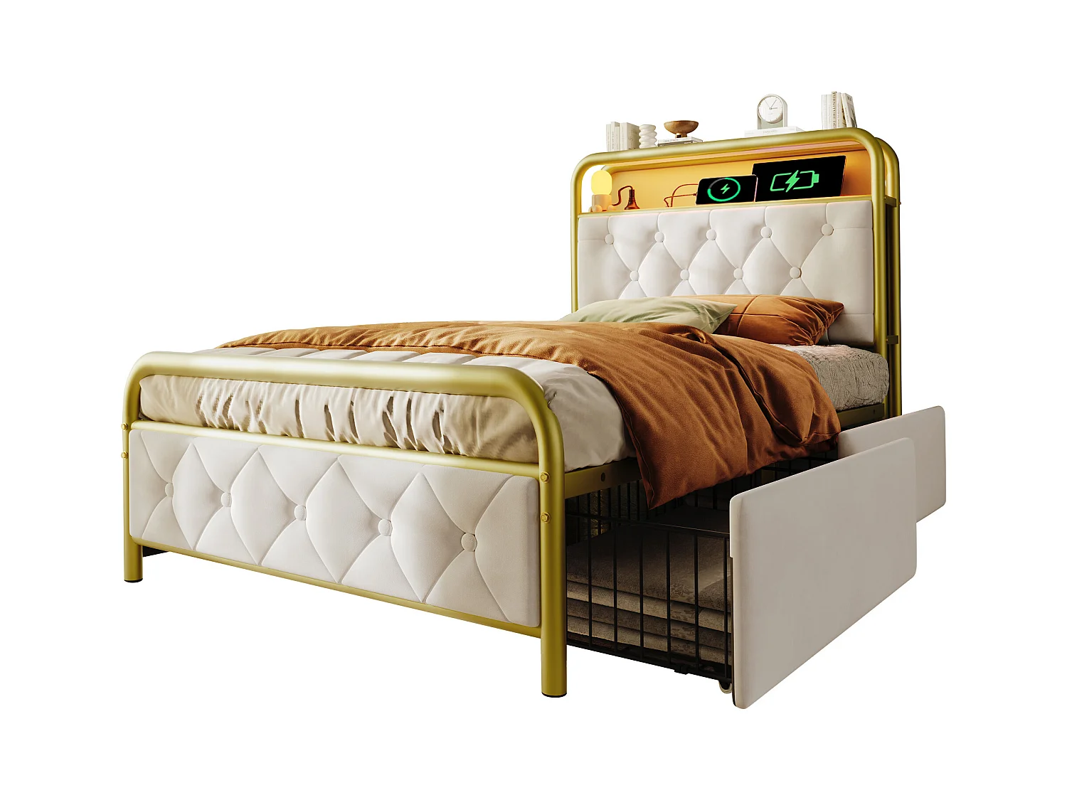 Łóżko tapicerowane ze schowkiem - 90 x 200 cm - Materac + LED-y + 2 szuflady + Zagłówek z USB - Aksamit - Biały