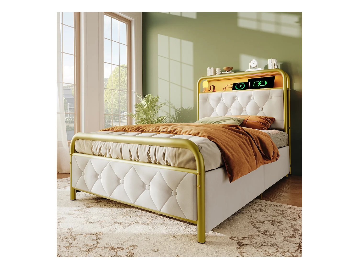 Łóżko tapicerowane ze schowkiem - 90 x 200 cm - Materac + LED-y + 2 szuflady + Zagłówek z USB - Aksamit - Biały