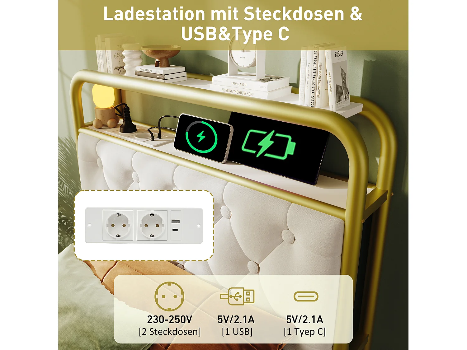 Gepolstertes Bett mit Stauraum - 90 x 200 cm - Matratze + LEDs + 2 Schubladen + Kopfteil mit USB - Samt - Weiß