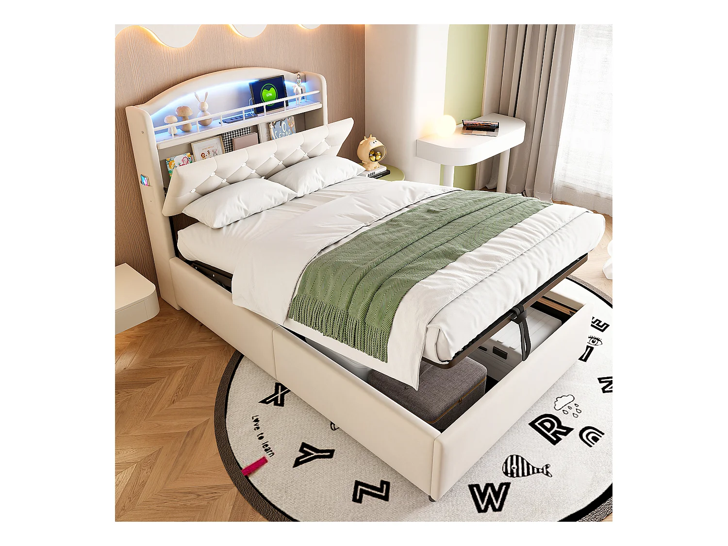Lit coffre enfant rembourré - 90 x 200 cm - Leds + Tête avec USB - Velours - beige