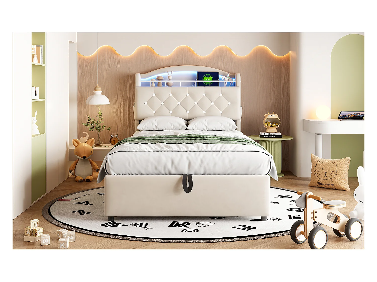 Lit coffre enfant rembourré - 90 x 200 cm - Leds + Tête avec USB - Velours - beige