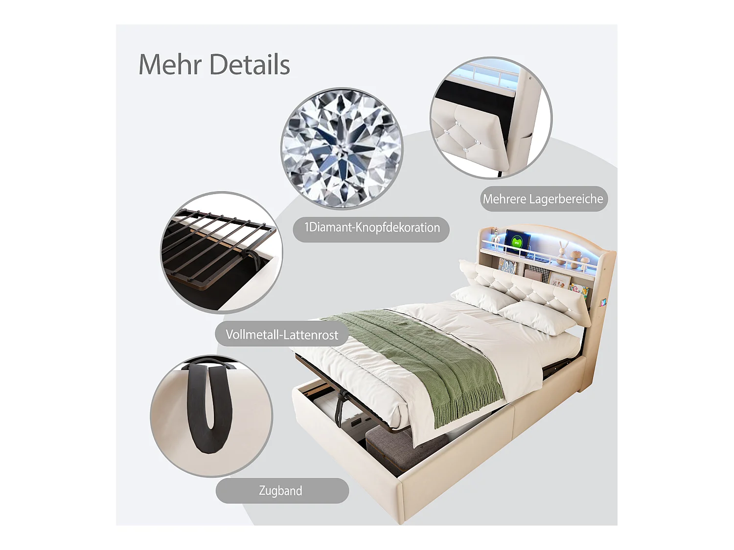 Lit coffre enfant rembourré - 90 x 200 cm - Leds + Tête avec USB - Velours - beige