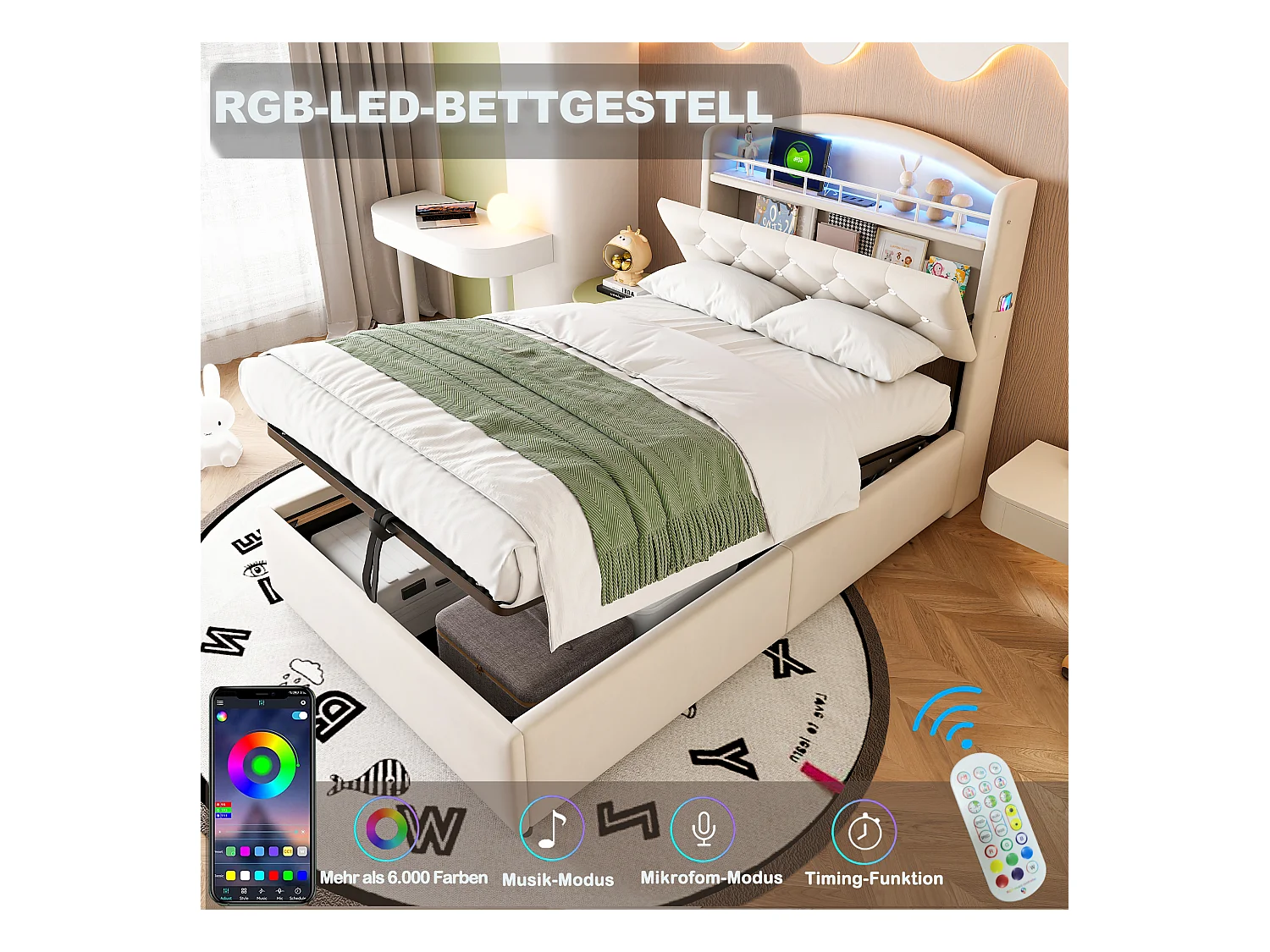 Lit coffre enfant rembourré - 90 x 200 cm - Leds + Tête avec USB - Velours - beige