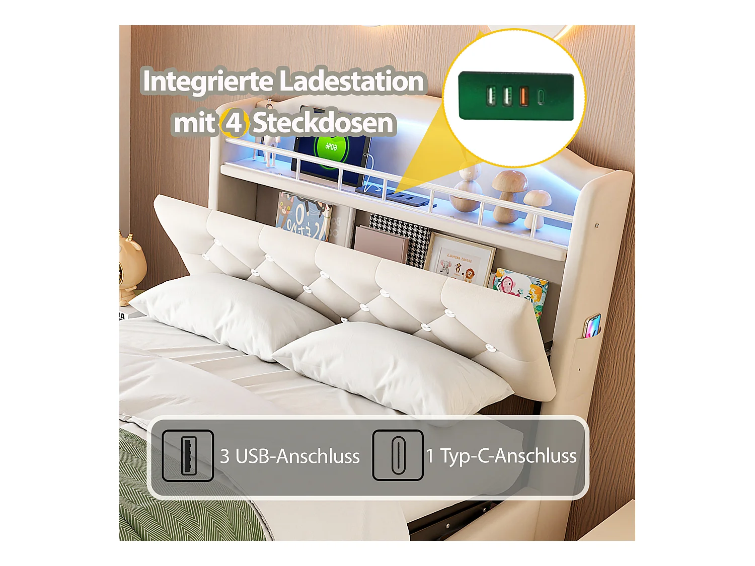 Lit coffre enfant rembourré - 90 x 200 cm - Leds + Tête avec USB - Velours - beige