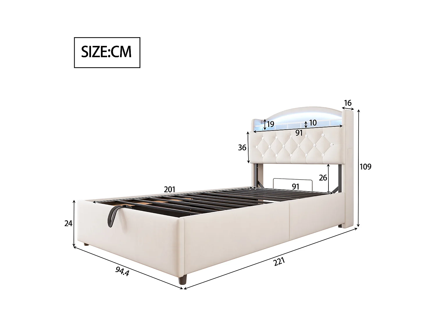 Lit coffre enfant rembourré - 90 x 200 cm - Leds + Tête avec USB - Velours - beige