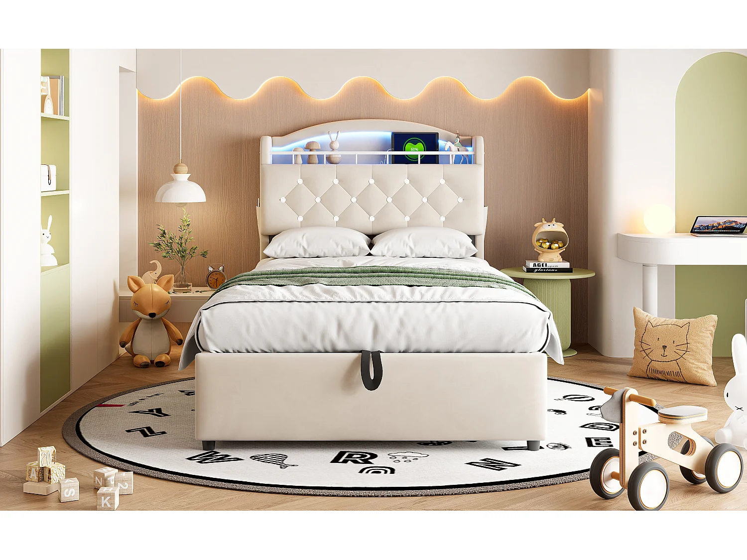 Lit coffre enfant rembourré - 90 x 200 cm - Leds + Tête avec USB - Velours - beige