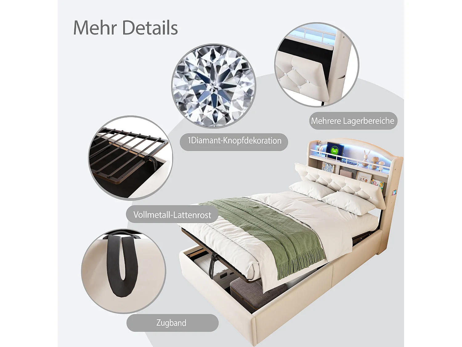 Lit coffre enfant rembourré - 90 x 200 cm - Leds + Tête avec USB - Velours - beige