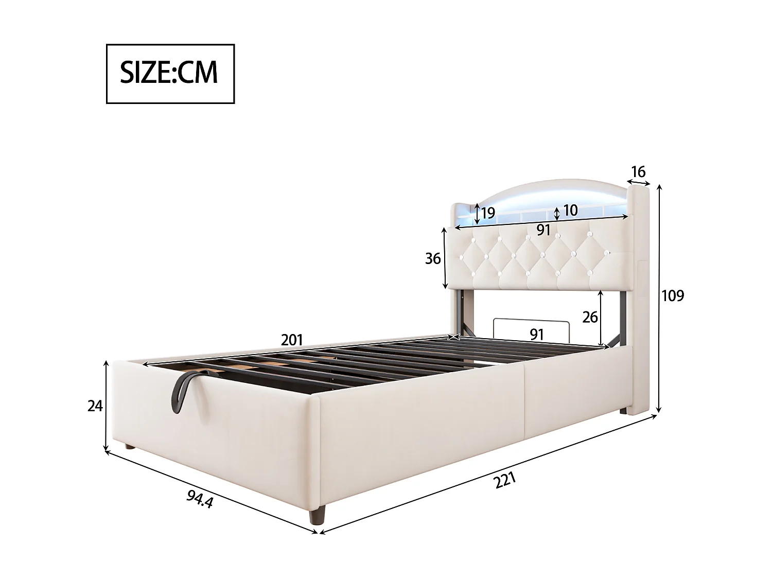 Lit coffre enfant rembourré - 90 x 200 cm - Leds + Tête avec USB - Velours - beige