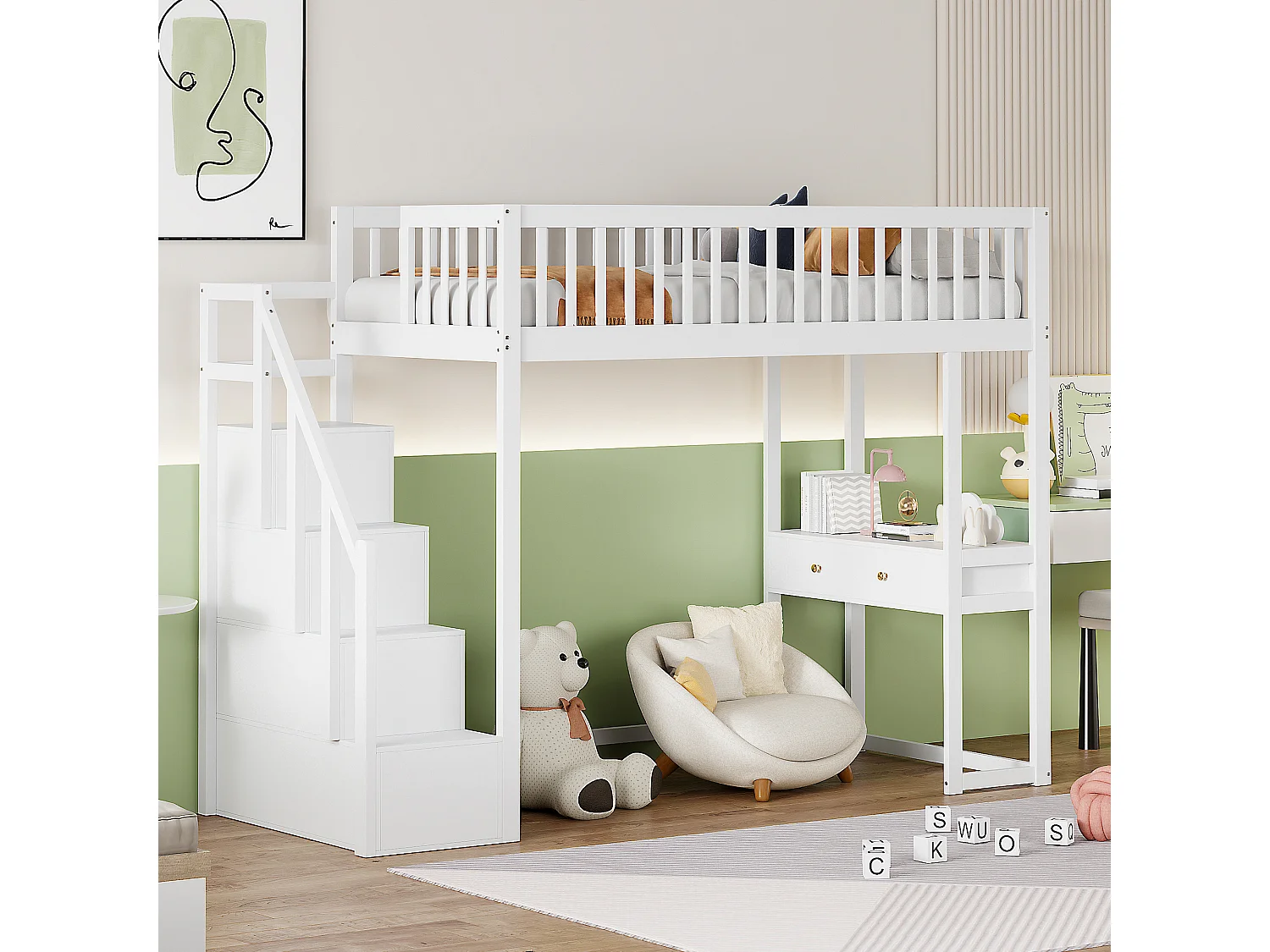 Kinderhoogslaper - 90 x 200 cm - met bureau - 4 opbergruimtes in de trap - Massief grenen - Wit