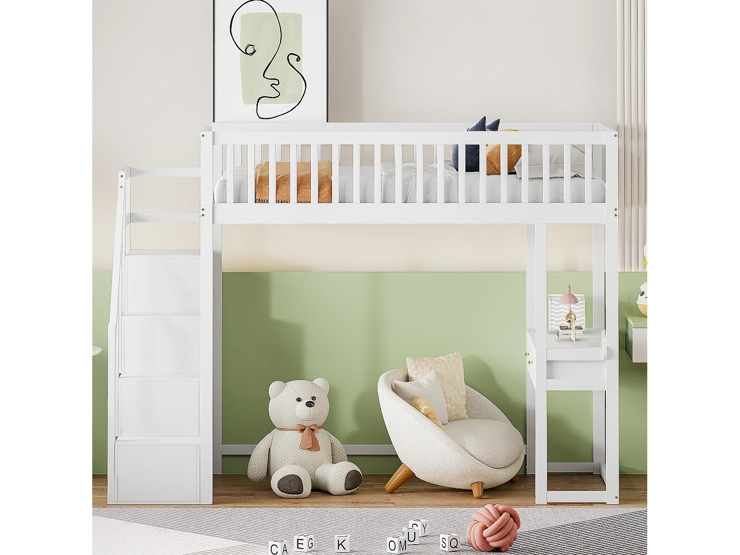 Kinderhoogslaper - 90 x 200 cm - met bureau - 4 opbergruimtes in de trap - Massief grenen - Wit