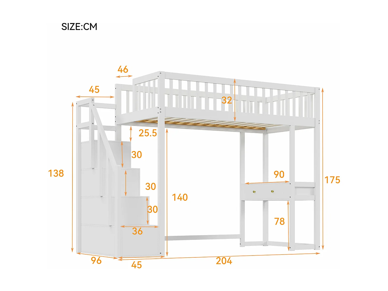 Kinderhoogslaper - 90 x 200 cm - met bureau - 4 opbergruimtes in de trap - Massief grenen - Wit