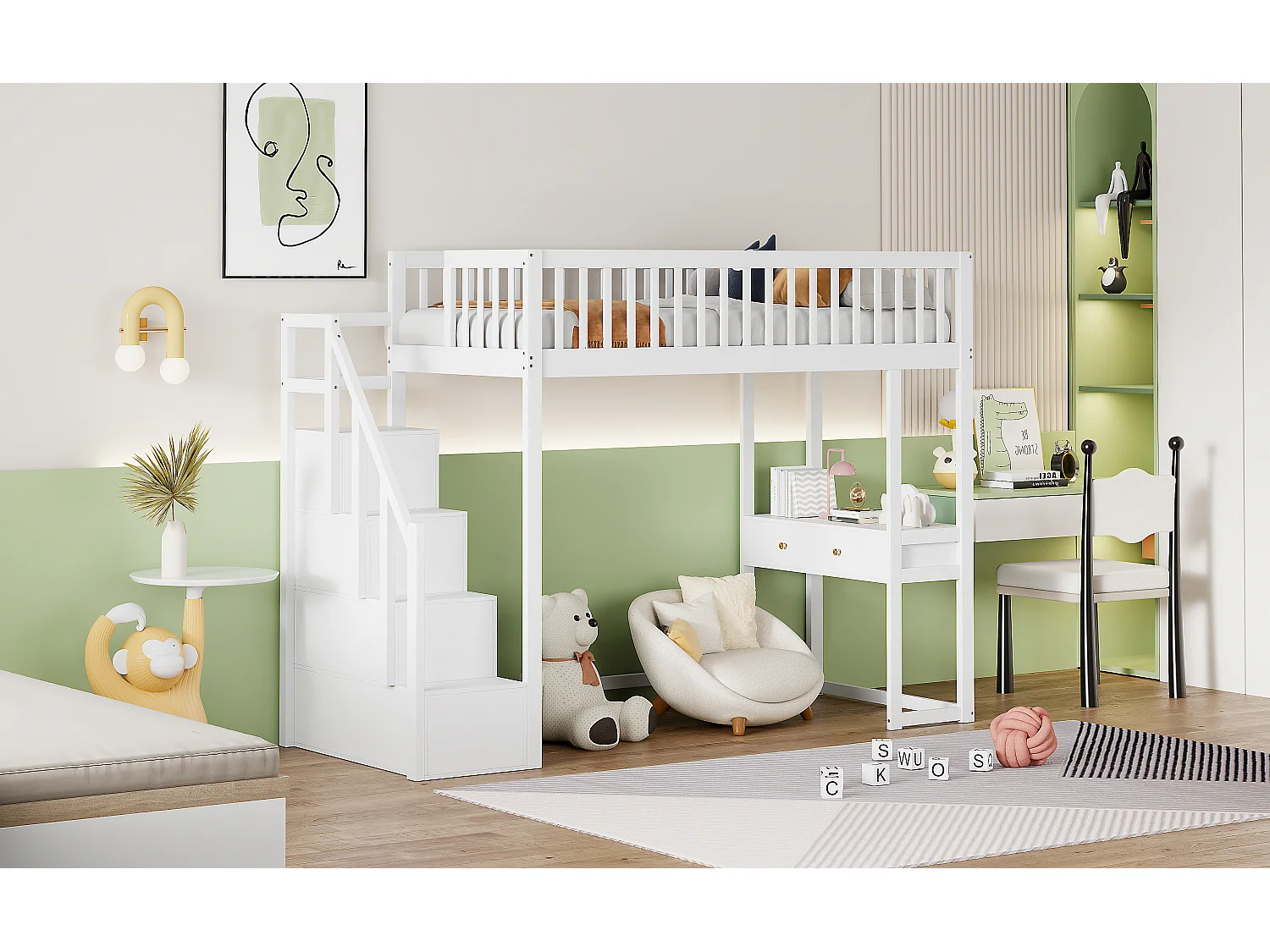 Kinderhoogslaper - 90 x 200 cm - met bureau - 4 opbergruimtes in de trap - Massief grenen - Wit