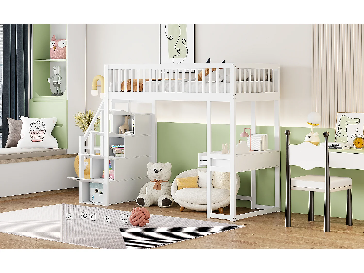 Kinderhoogslaper - 90 x 200 cm - met bureau - 4 opbergruimtes in de trap - Massief grenen - Wit