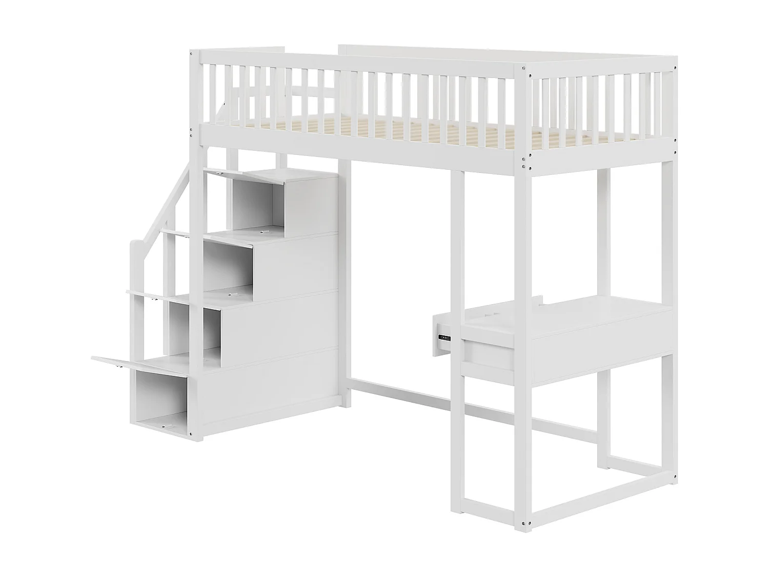 Kinderhoogslaper - 90 x 200 cm - met bureau - 4 opbergruimtes in de trap - Massief grenen - Wit