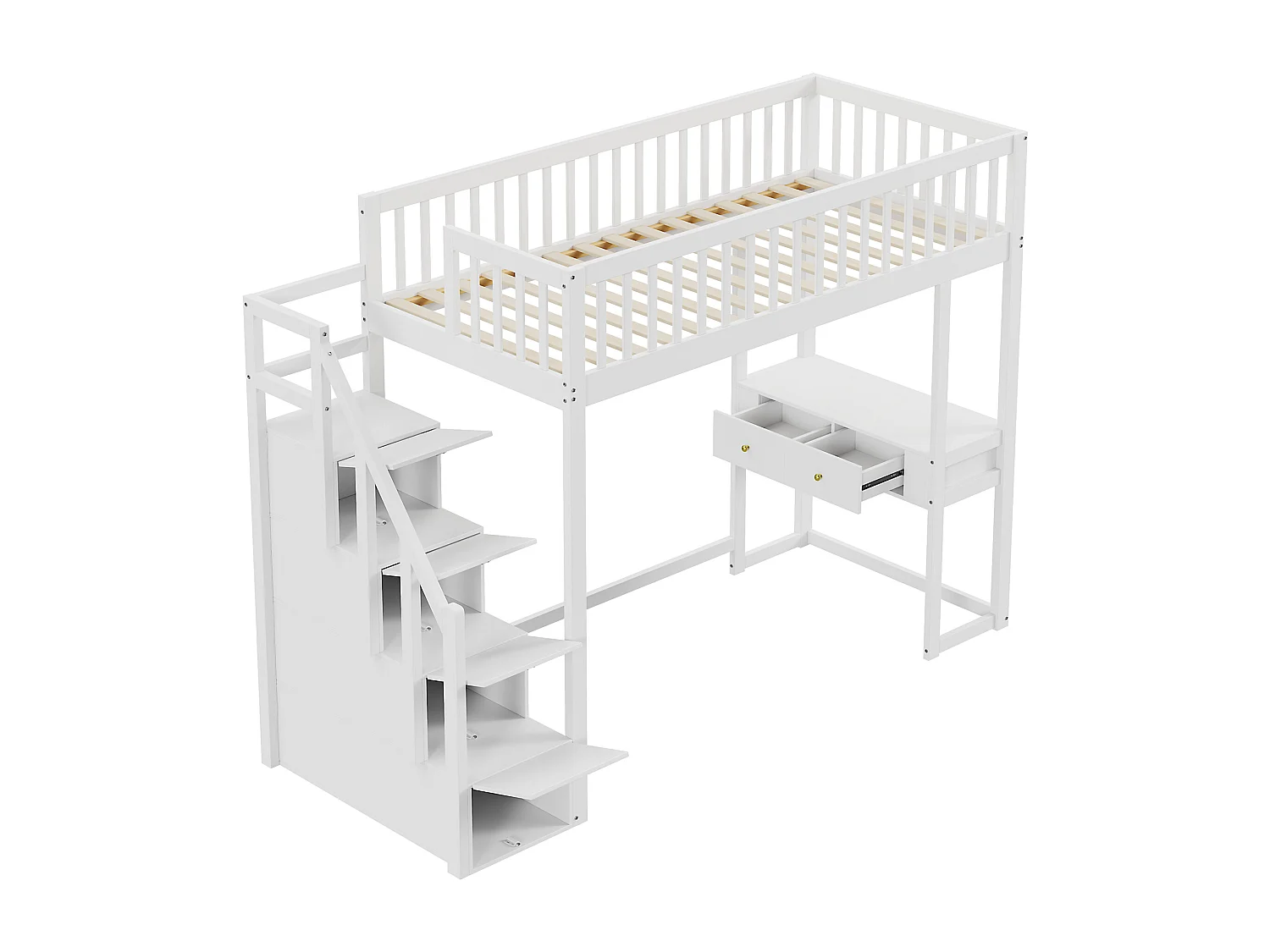 Kinderhoogslaper - 90 x 200 cm - met bureau - 4 opbergruimtes in de trap - Massief grenen - Wit