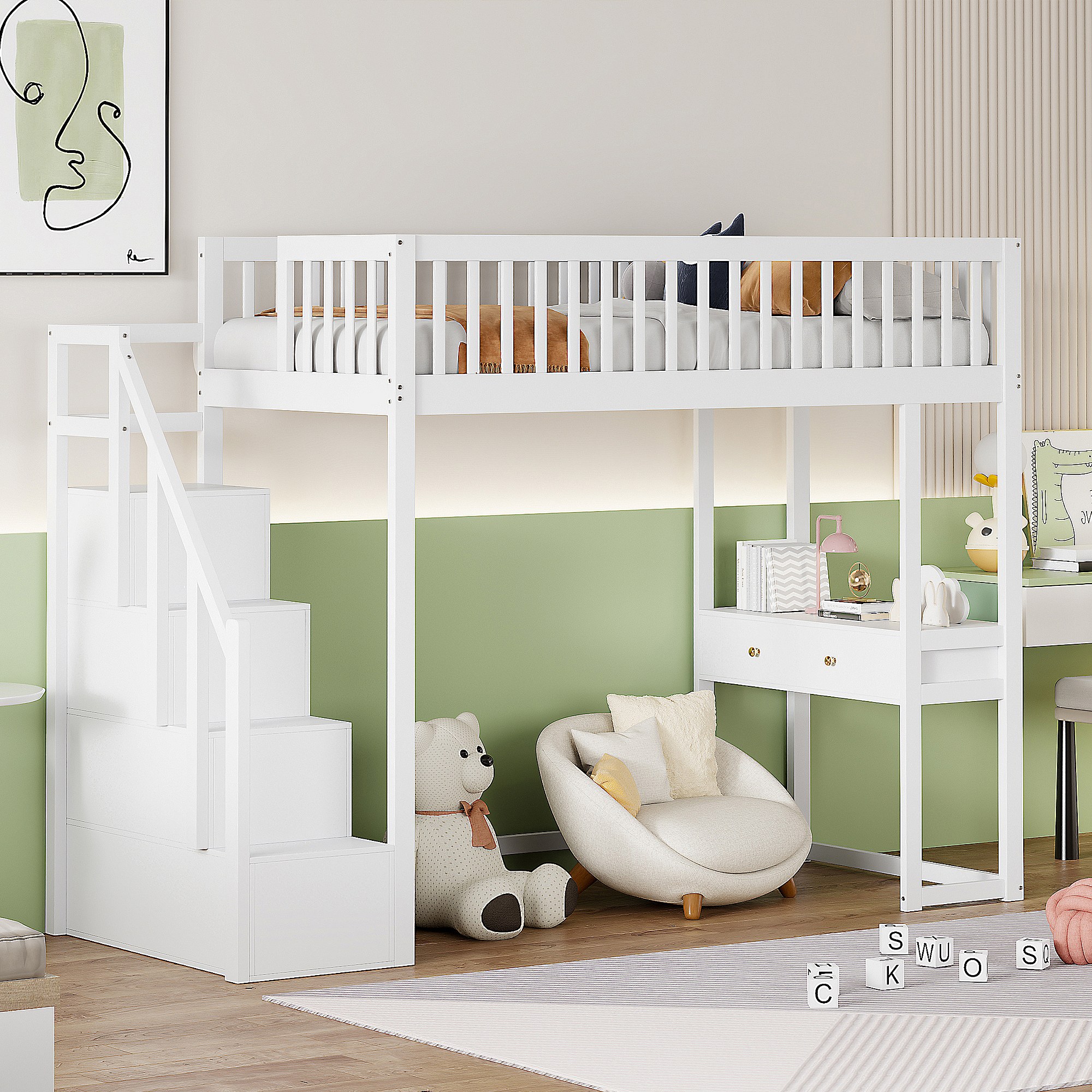 Lit Mezzanine Enfant Zravenna Avec Bureau Et Escalier Rangement - 90x200 Cm - Pin Massif Naturel Et Blanc - Modèle 30606012AAN567