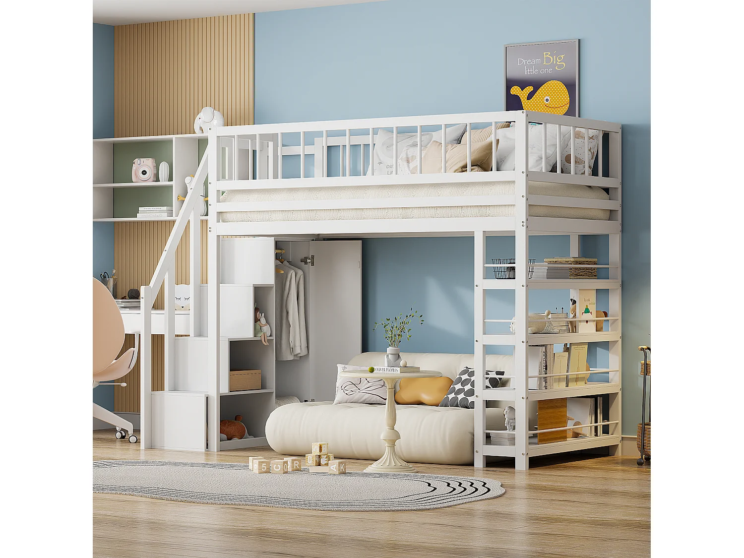 Lit mezzanine pour enfant - 90 x 200 cm - avec armoire et 3 rangements dans l'escalier - Bois massif - Blanc