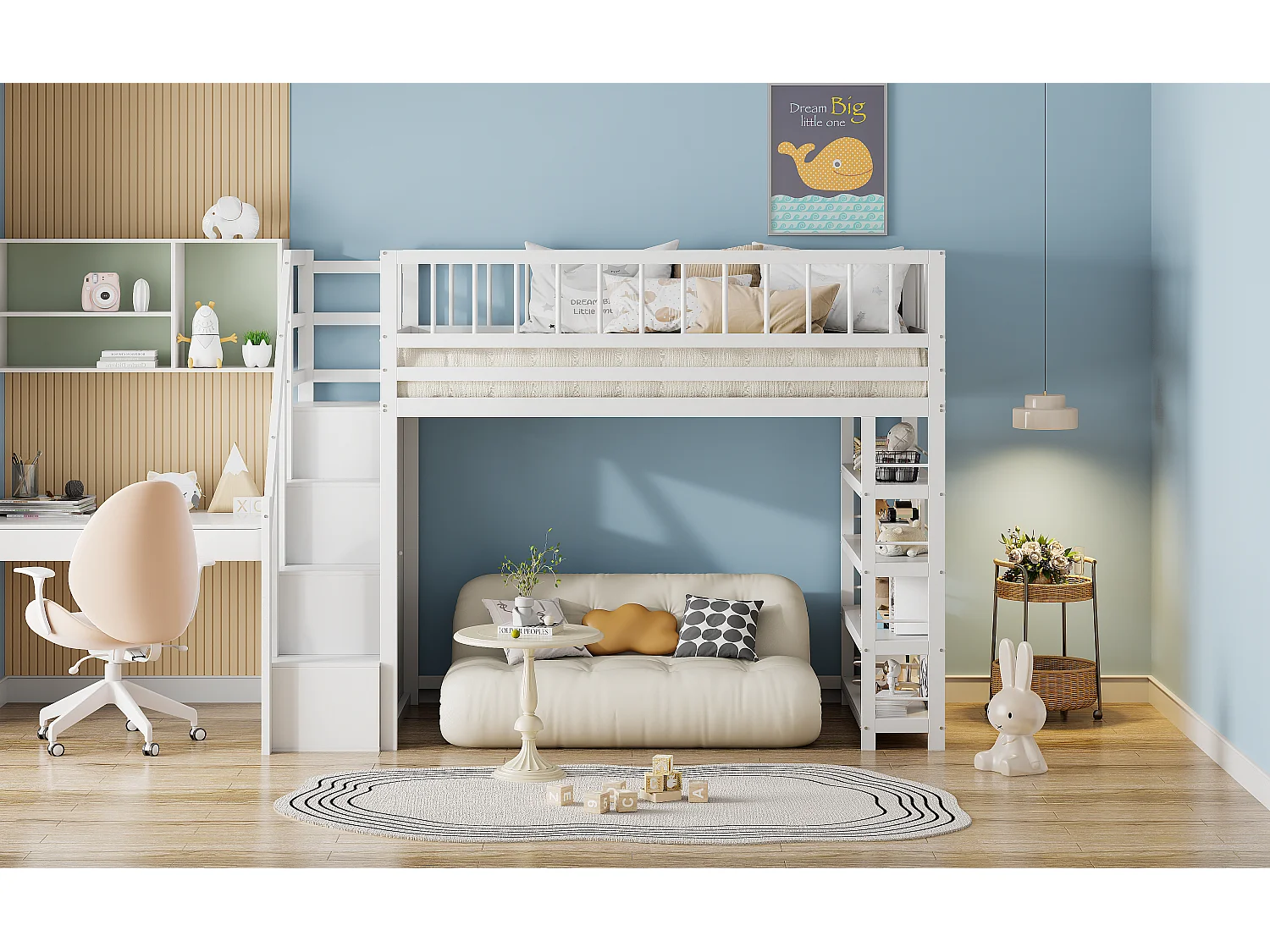 Lit mezzanine pour enfant - 90 x 200 cm - avec armoire et 3 rangements dans l'escalier - Bois massif - Blanc