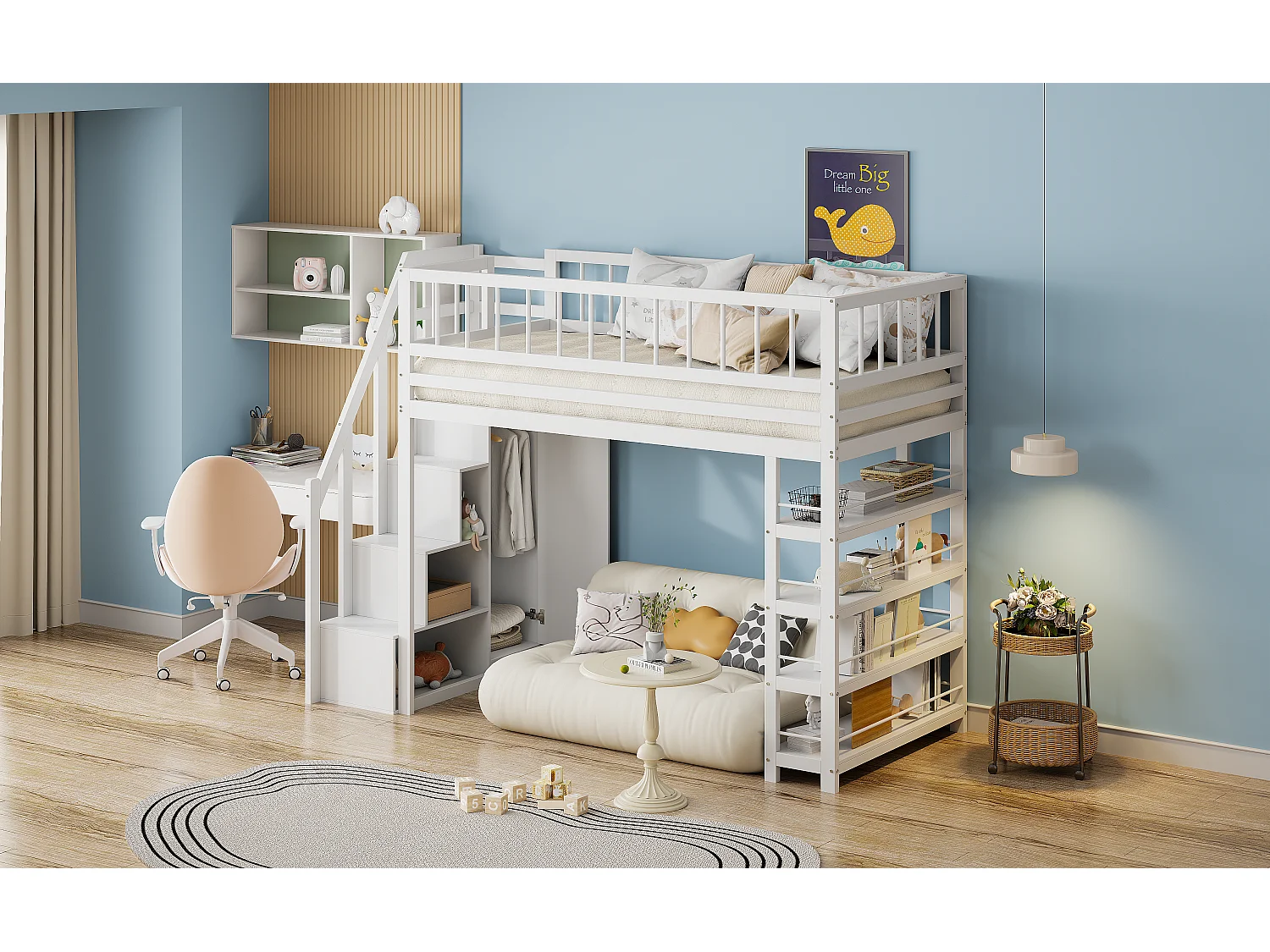 Lit mezzanine pour enfant - 90 x 200 cm - avec armoire et 3 rangements dans l'escalier - Bois massif - Blanc